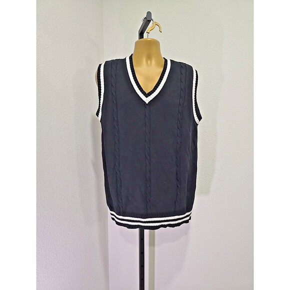 Black Cable Knit Sweater Vest Mens XL Cotton Fall Winter Preppy Golf Collegiate - Picture 1 of 7
